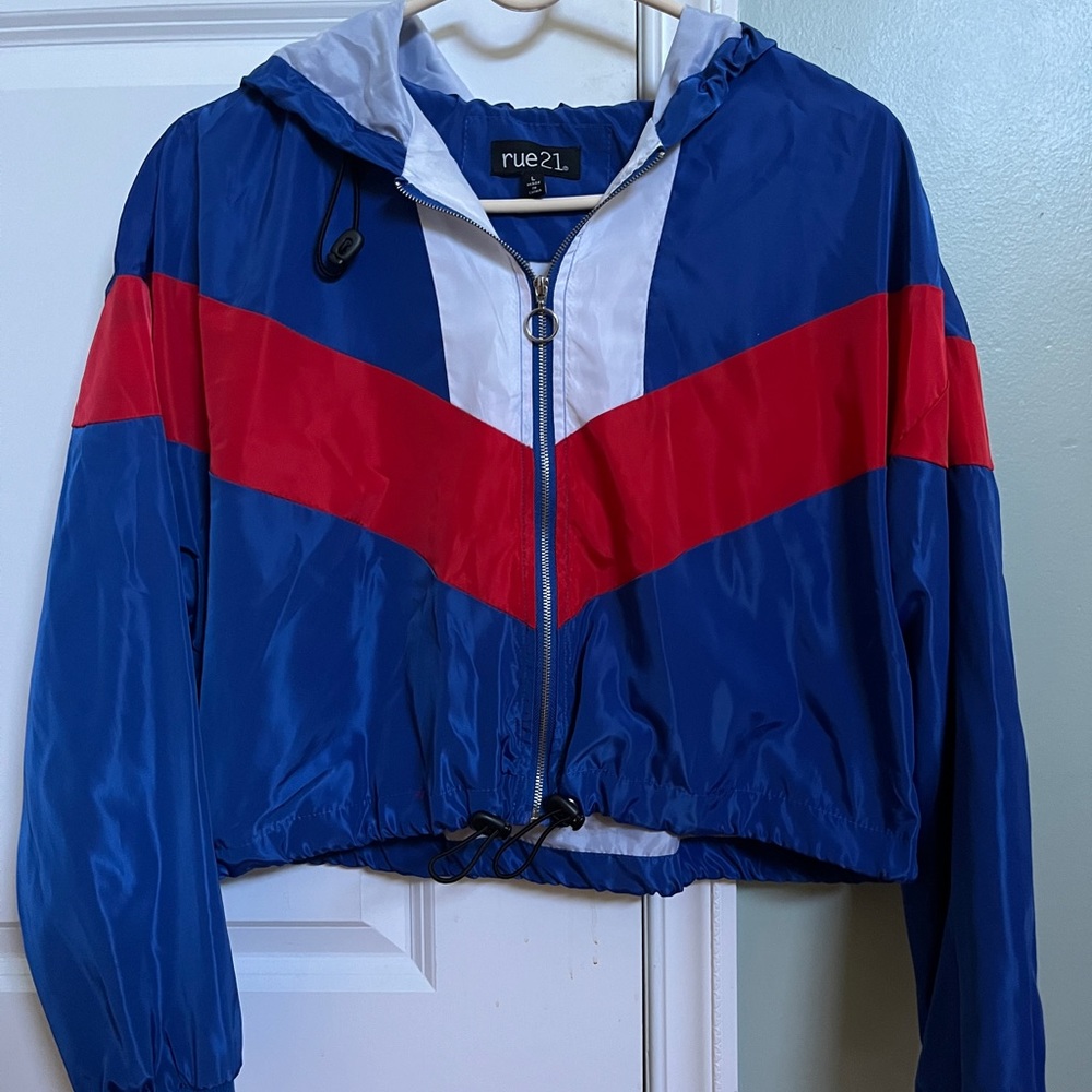 large rue21 blue red white lightweight zipup adjustable bomber jacket with hood